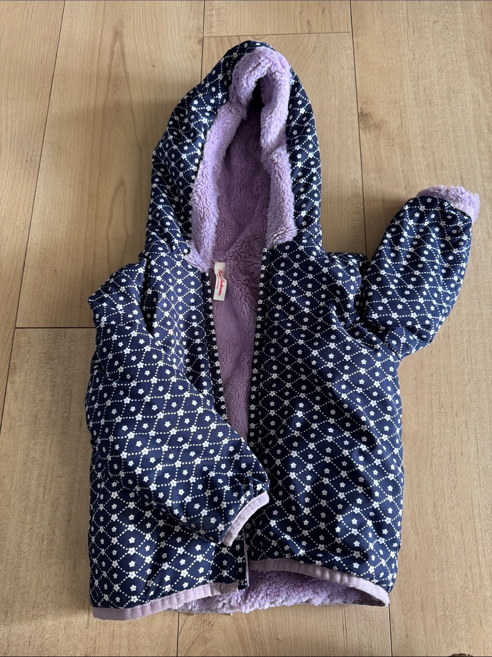 Hanna Andersson Navy Patterned Puffer Jacket with Lavender Lining